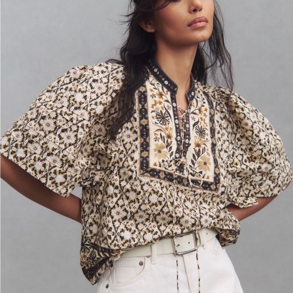 Anthropologie Tops - ✨NWT - By Anthropologie Black Motif Pleated Puff Sleeve Blouse✨